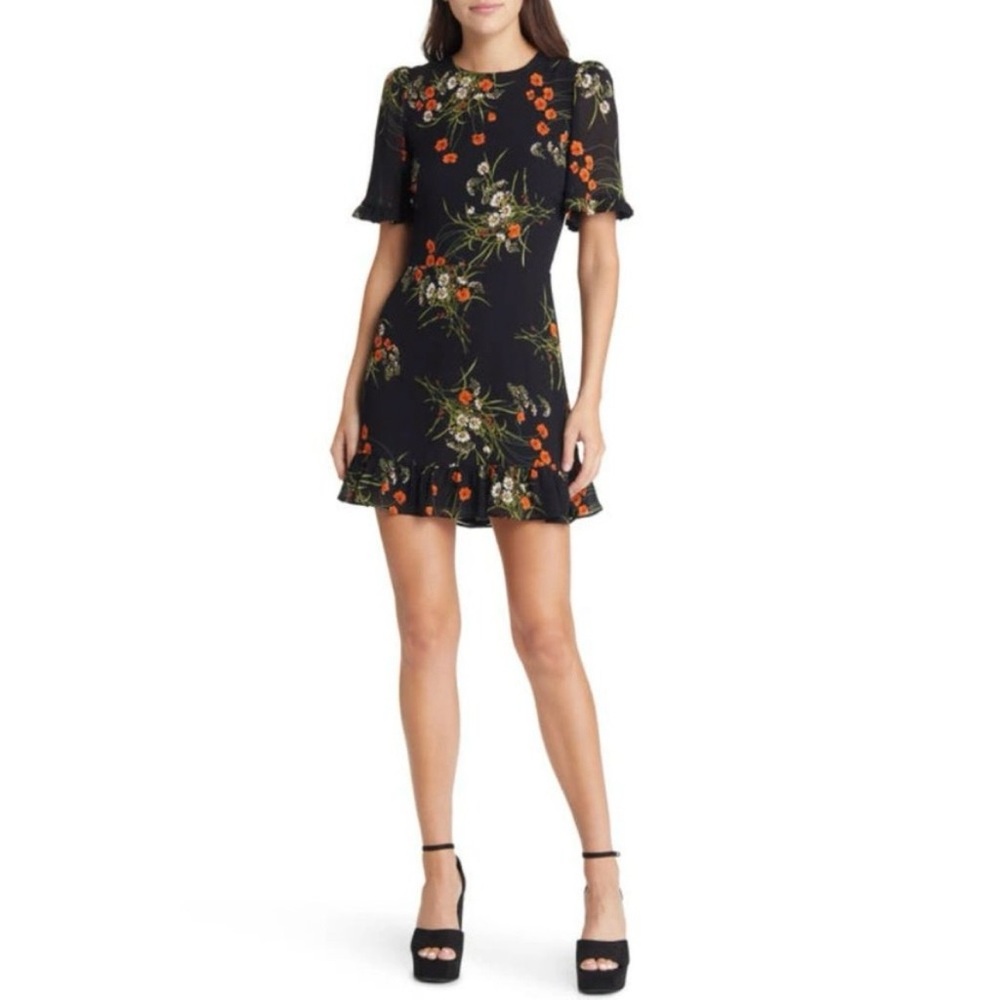 Reformation Alaina Floral Cutout Flutter Sleeve Black Mini Dress In Robyn Size 4